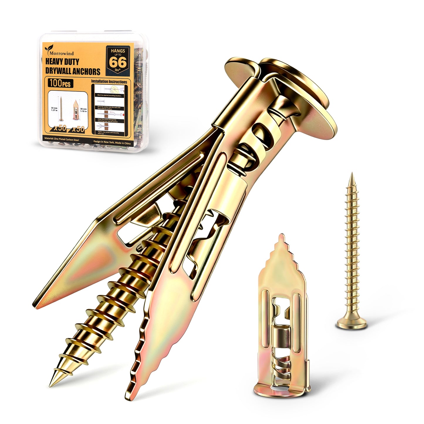 Gold-colored heavy duty drywall anchors shown with their retail packaging box, a main anchor in the open tripple-grip position, a close-up of the wall anchor sleeve, and a single screw on a clean white background.