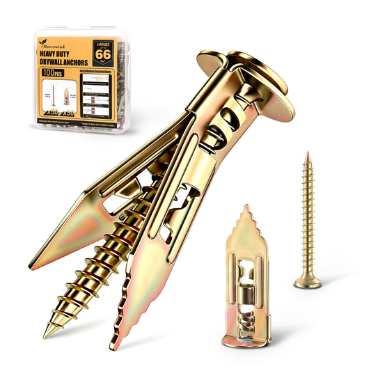 Gold-colored heavy duty drywall anchors shown with their retail packaging box, a main anchor in the open tripple-grip position, a close-up of the wall anchor sleeve, and a single screw on a clean white background.