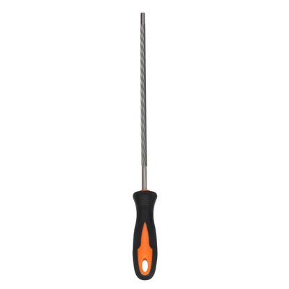 Screwdriver with black handle and orange accent on a white background