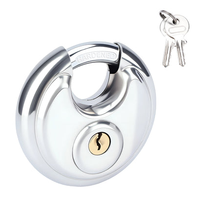 70mm stainless steel round padlock with hardened steel shackle and keys, heavy duty weatherproof lock for gates, sheds and outdoor security