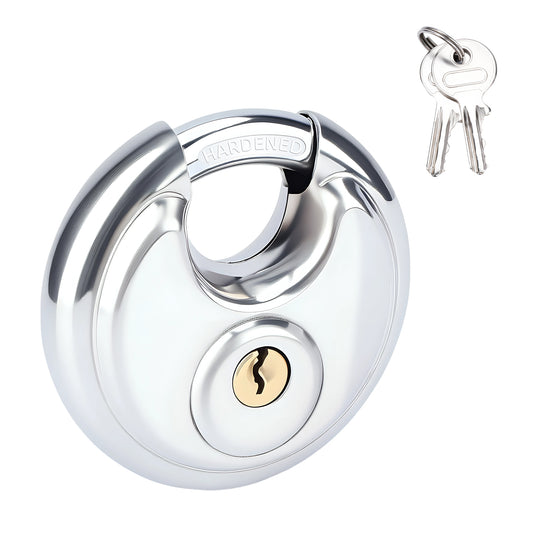 70mm stainless steel round padlock with hardened steel shackle and keys, heavy duty weatherproof lock for gates, sheds and outdoor security