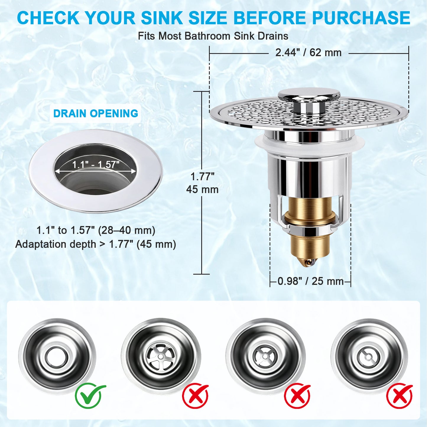 A product diagram for a bathroom sink drain adapter showing the product itself, dimension labels, and compatibility with different sink drain sizes. The image includes text such as 'CHECK YOUR SINK SIZE BEFORE PURCHASE' and shows a chrome drain assembly with a brass filter, alongside four sink opening diagrams at the bottom.