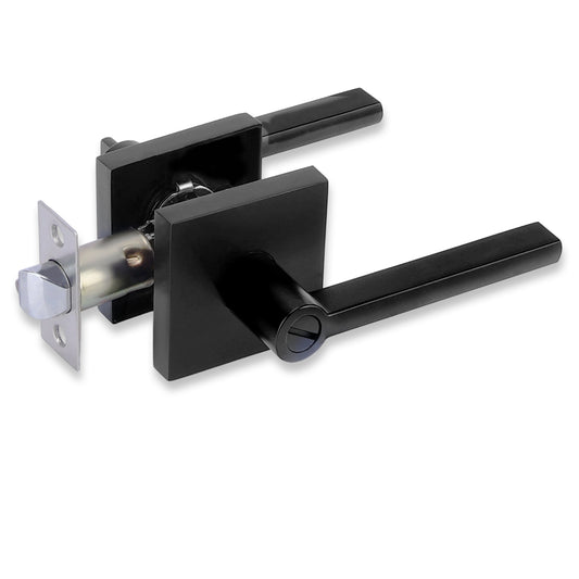 Black door handle lock assembly on a white background
