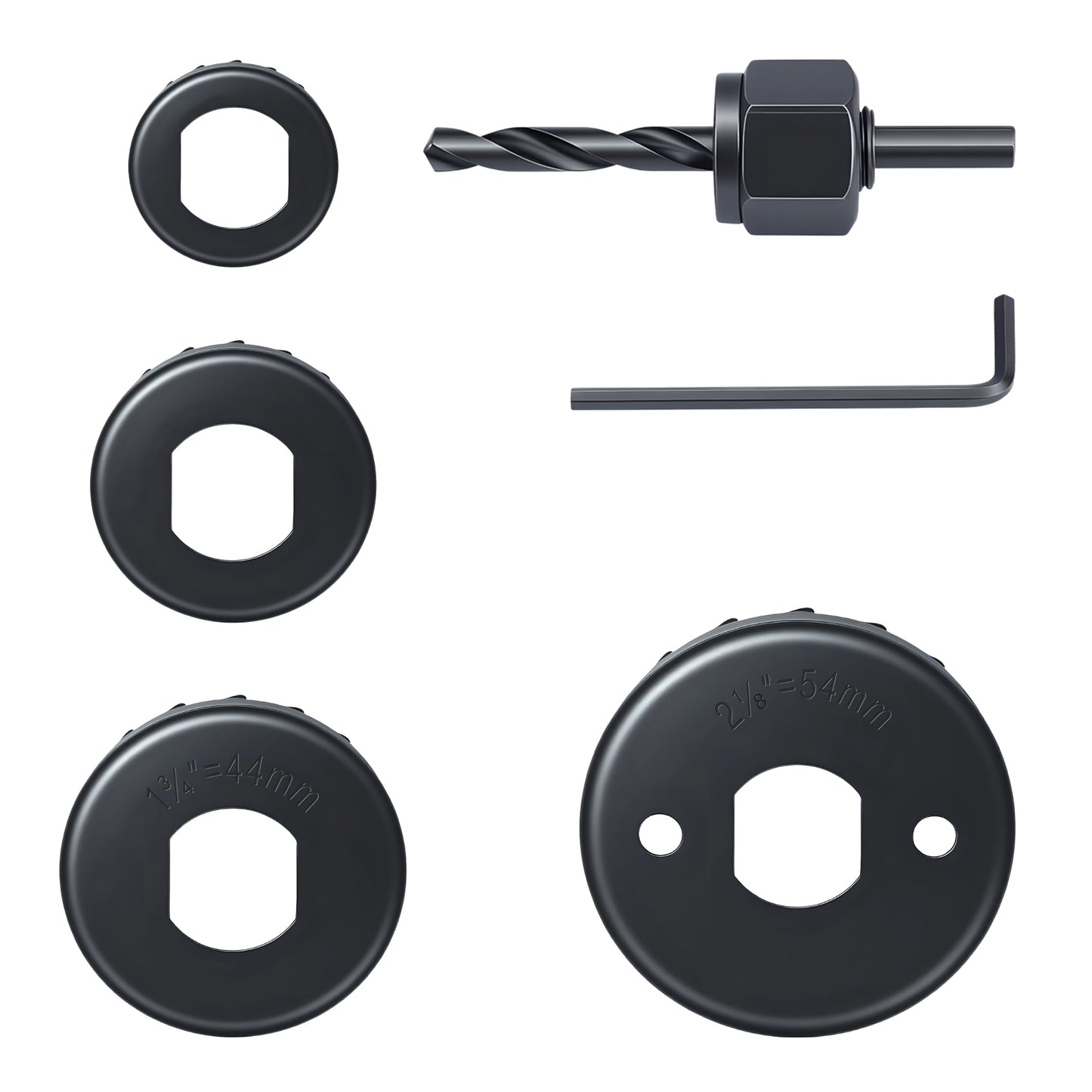 4-piece high carbon steel hole saw set with arbor and hex wrench for wood drywall and PVC, sharp toothed blades for precise drilling