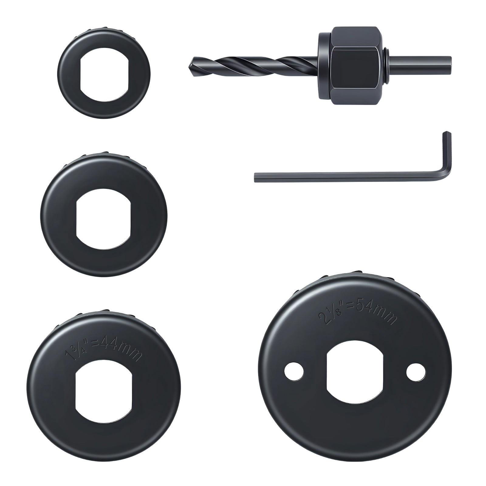 4-piece high carbon steel hole saw set with arbor and hex wrench for wood drywall and PVC, sharp toothed blades for precise drilling