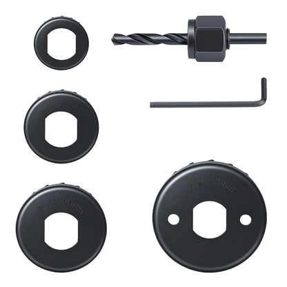 4-piece high carbon steel hole saw set with arbor and hex wrench for wood drywall and PVC, sharp toothed blades for precise drilling