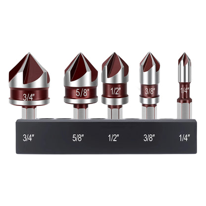 Set of five drill bits with varying sizes on a white background