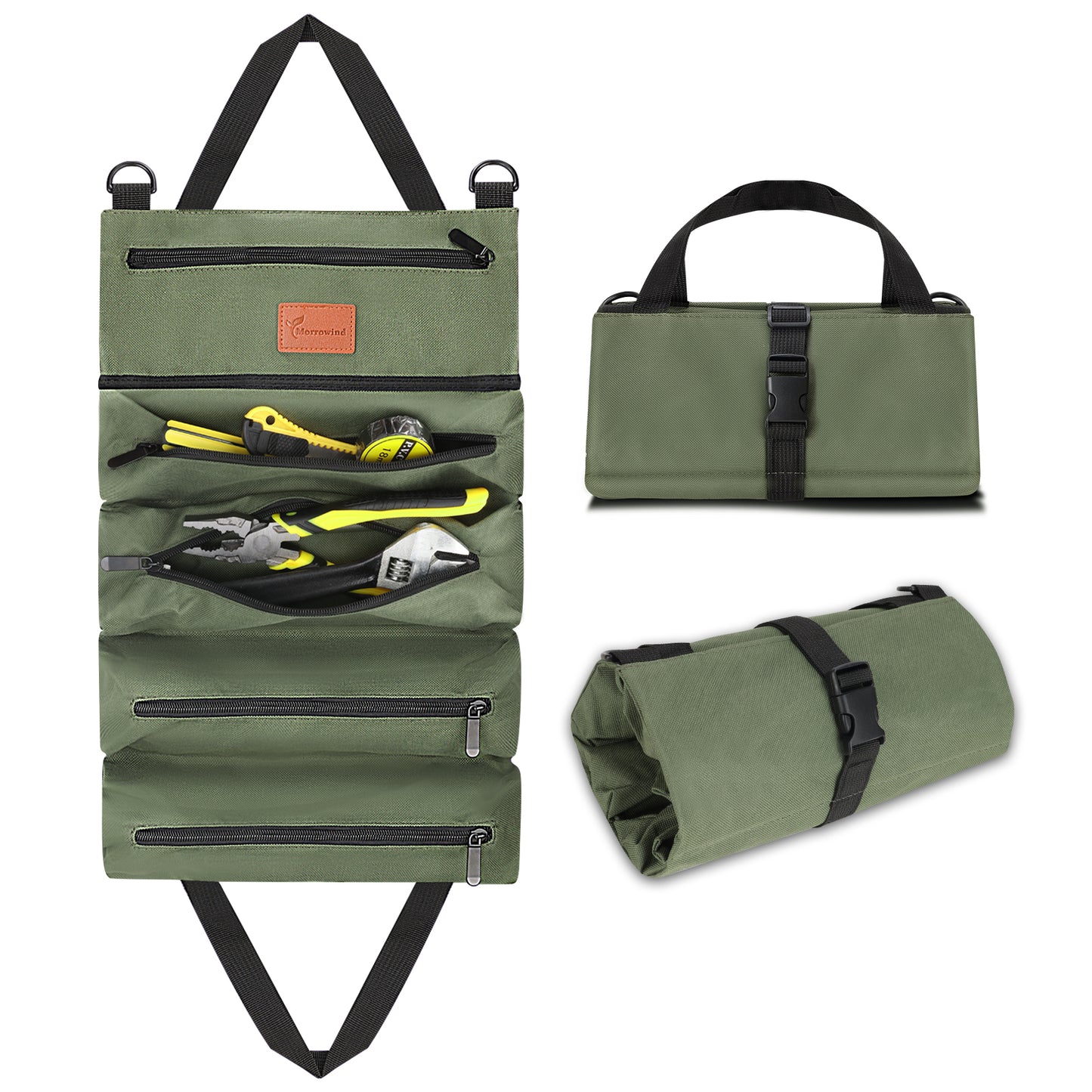 Green tool roll with tools and straps on a white background
