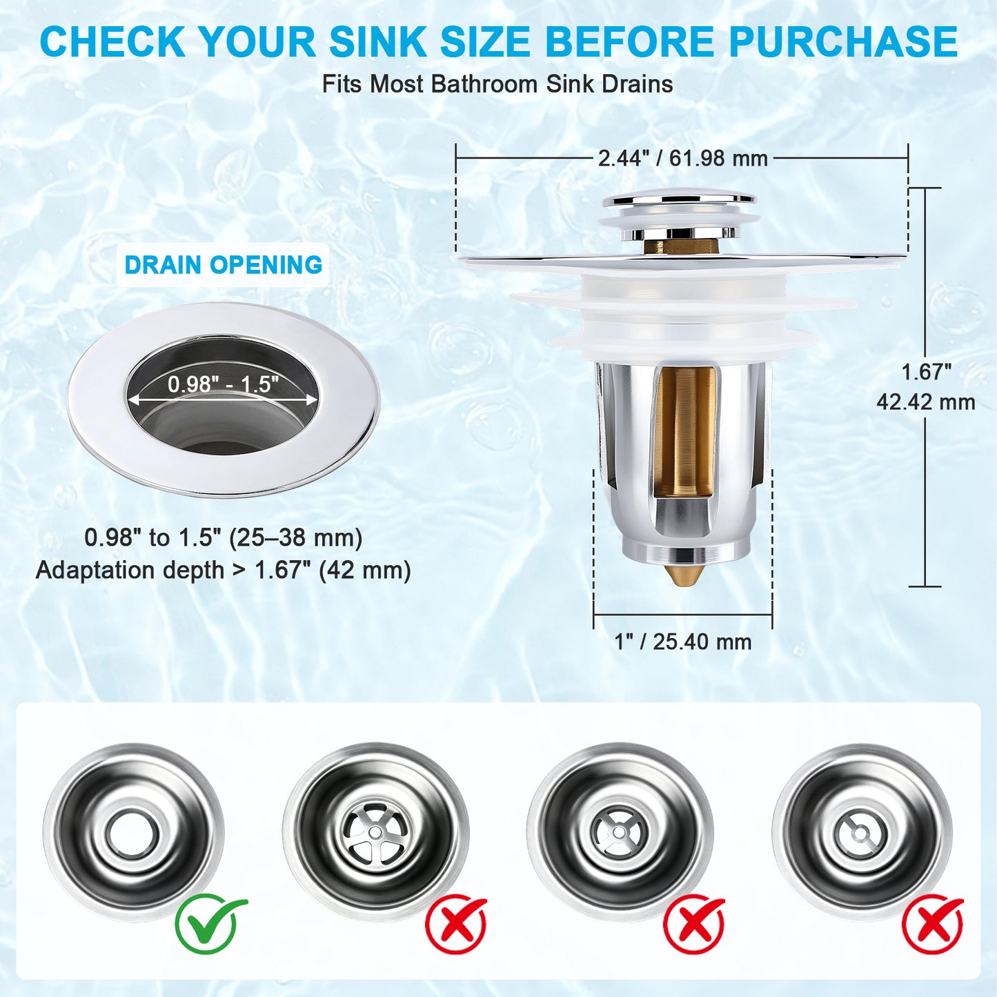 A product information graphic for a bathroom sink drain. The image shows a chrome and white sink drain assembly with dimension labels, a circular drain opening diagram, and four sink drain icons at the bottom indicating compatible styles.