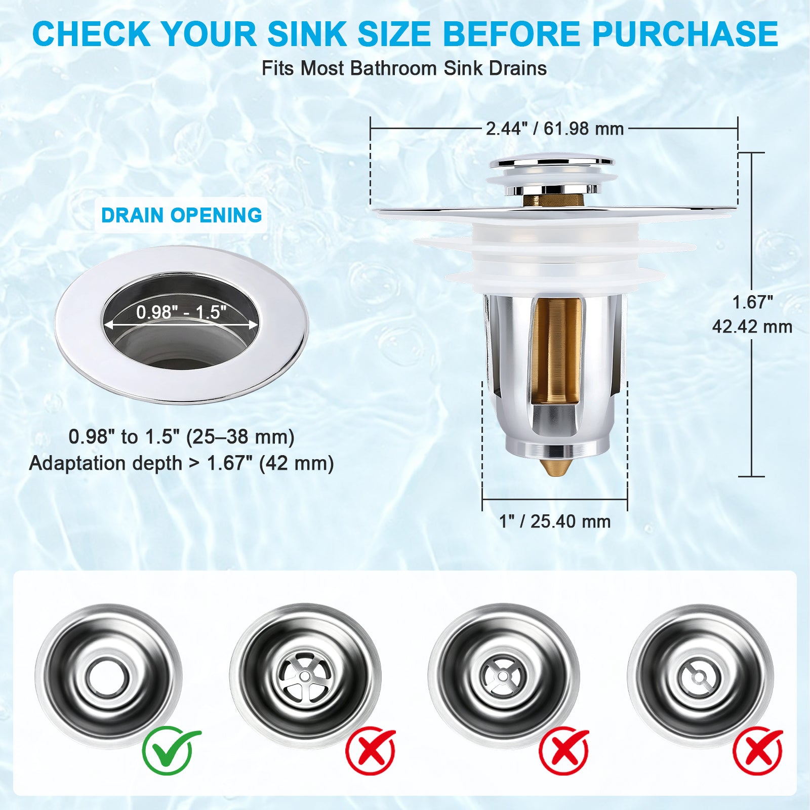 A product information graphic for a bathroom sink drain. The image shows a chrome and white sink drain assembly with dimension labels, a circular drain opening diagram, and four sink drain icons at the bottom indicating compatible styles.