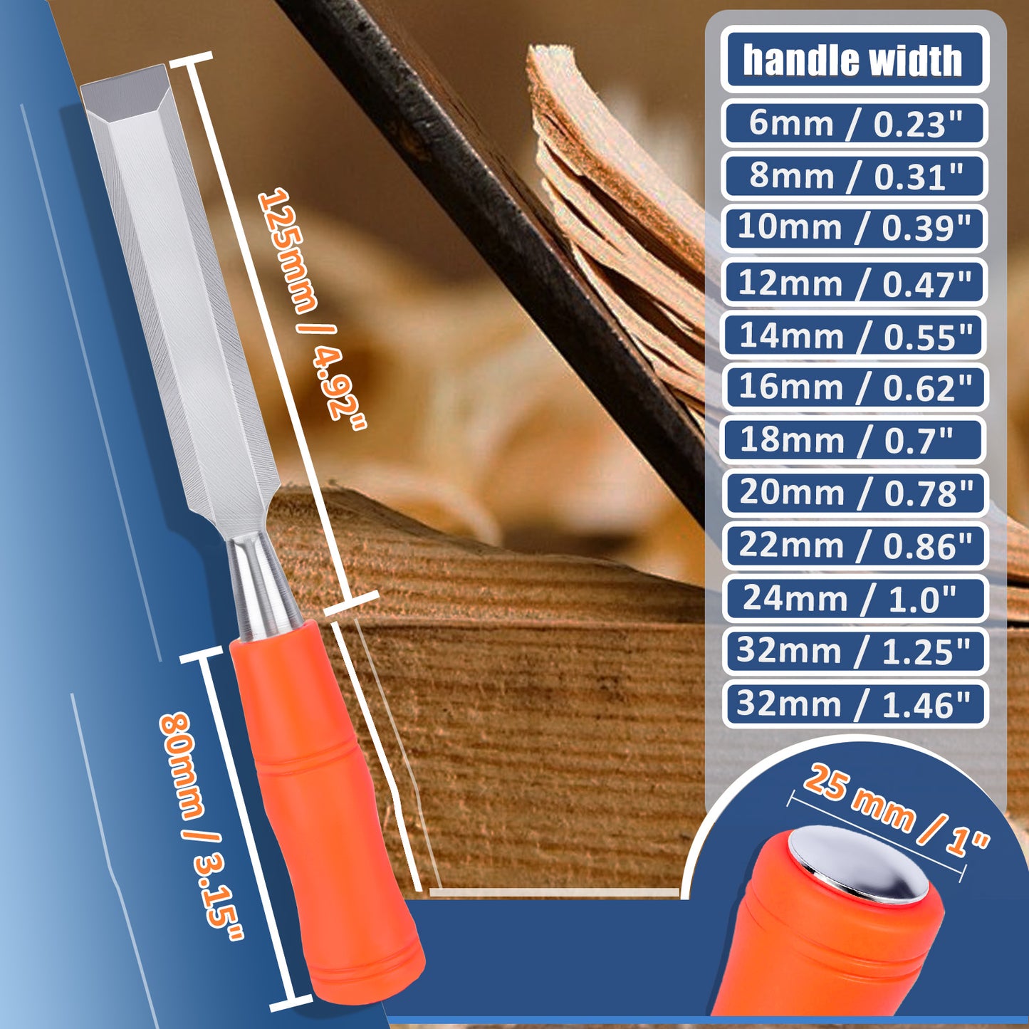 Wood chisel with orange handle and measurement details on a blue background