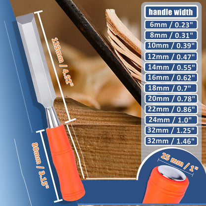 Wood chisel with orange handle and measurement details on a blue background