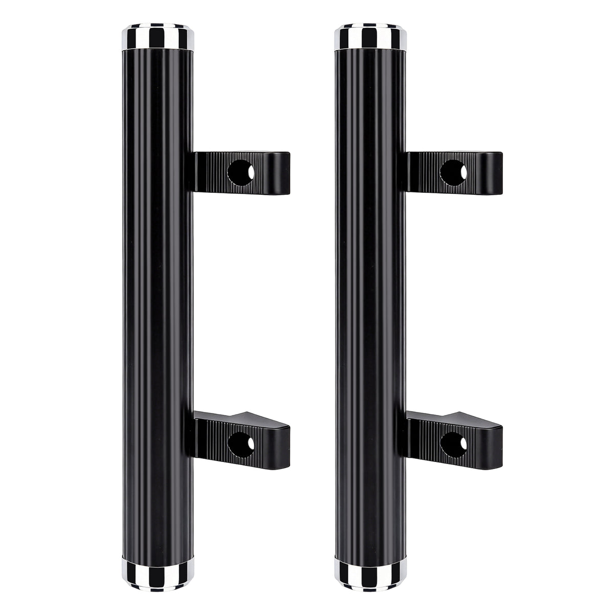 Two black cylindrical door handles with silver metal mounting brackets and polished silver end caps, shown on a plain white background.