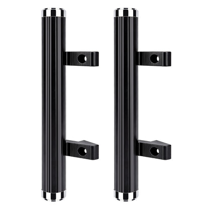 Two black cylindrical door handles with silver metal mounting brackets and polished silver end caps, shown on a plain white background.