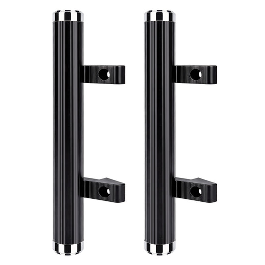 Two black cylindrical door handles with silver metal mounting brackets and polished silver end caps, shown on a plain white background.