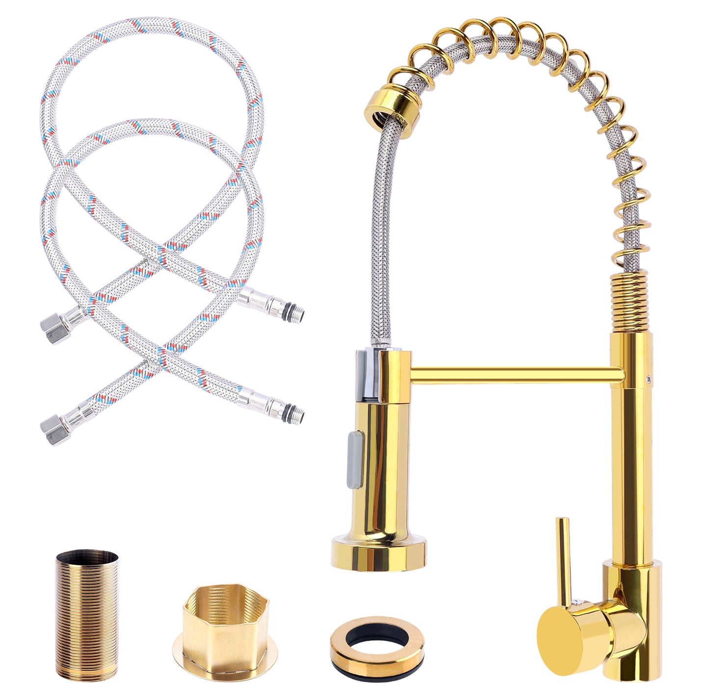 Gold kitchen faucet set with hoses and connectors on a white background