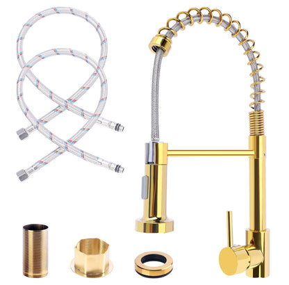 Gold kitchen faucet set with hoses and connectors on a white background