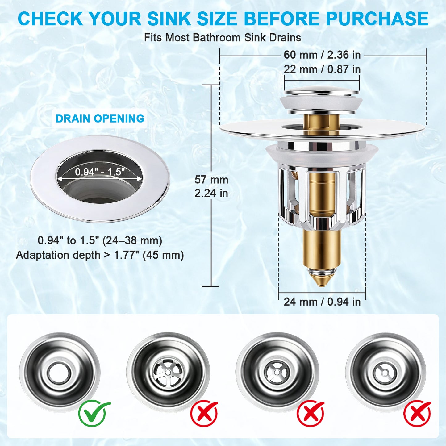 A product sizing and fit guide for a bathroom sink drain. The image shows a rendered sink drain with dimension labels (57 mm / 2.