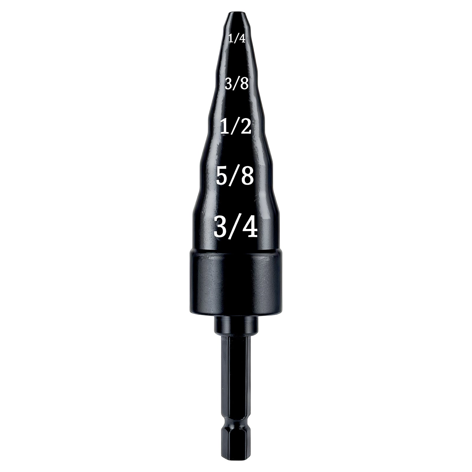 Black drill bit with measurement markings on a white background