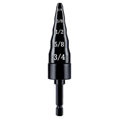 Black drill bit with measurement markings on a white background