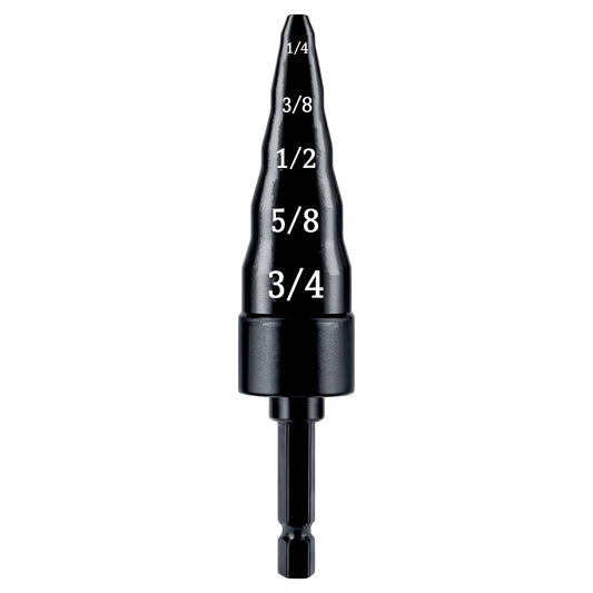 Black drill bit with measurement markings on a white background