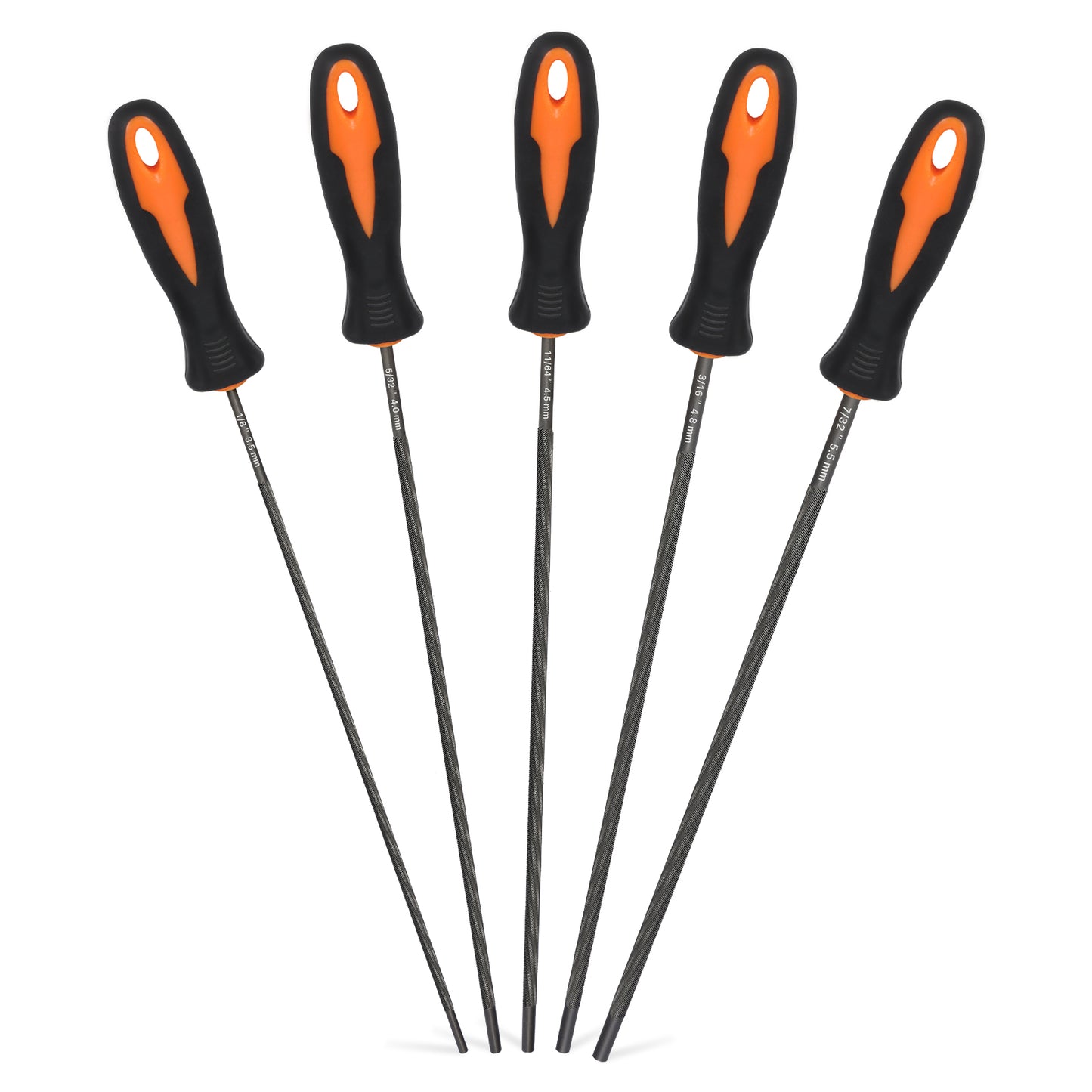 Five screwdrivers with black and orange handles on a white background