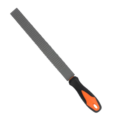 Metal file with orange and black handle on a white background