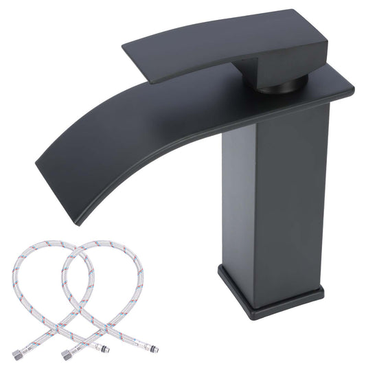 Black bathroom faucet with two hoses on a white background