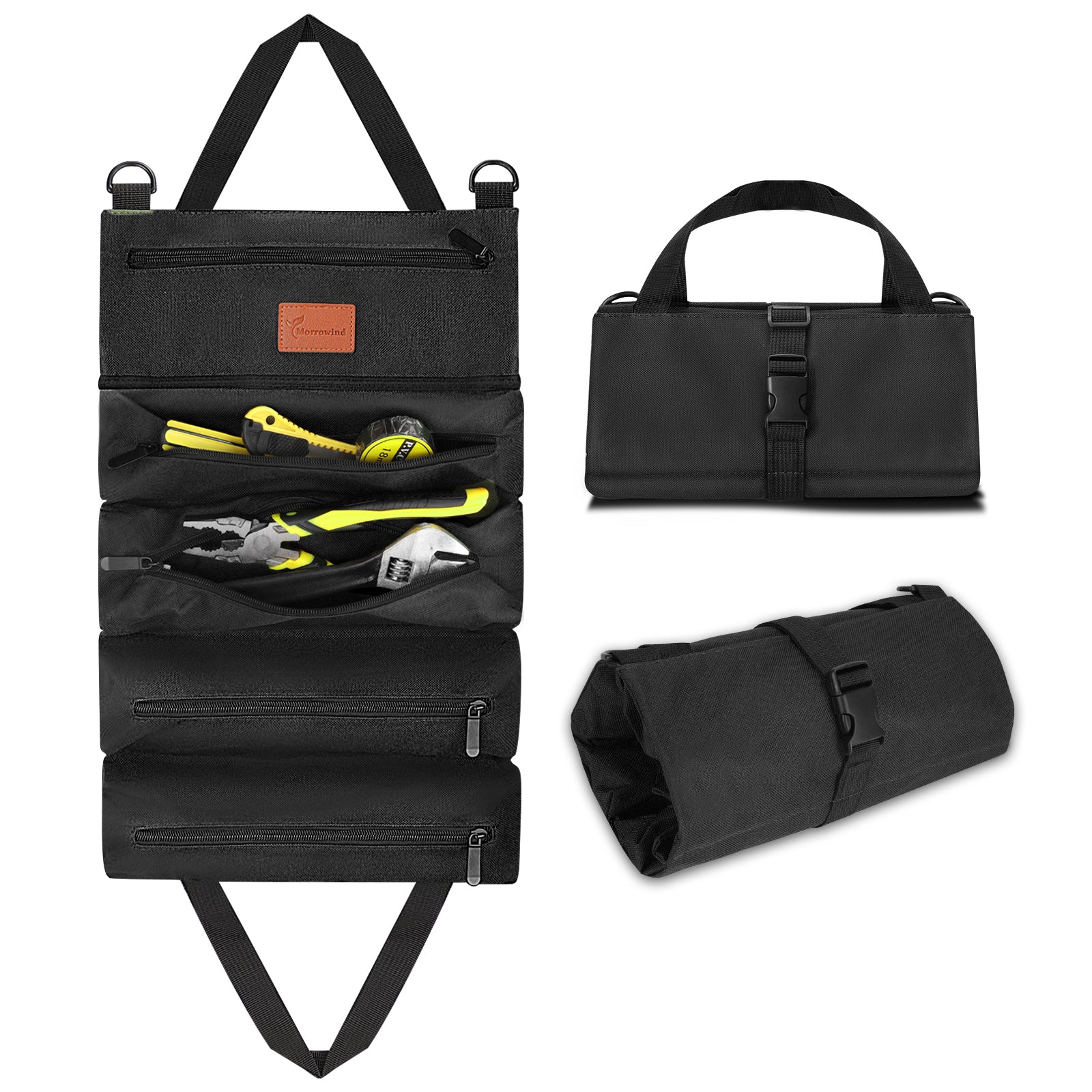 Black tool roll with tools and a strap, shown in open and closed positions on a white background.