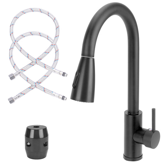 Black kitchen faucet set with hose and connector on a white background