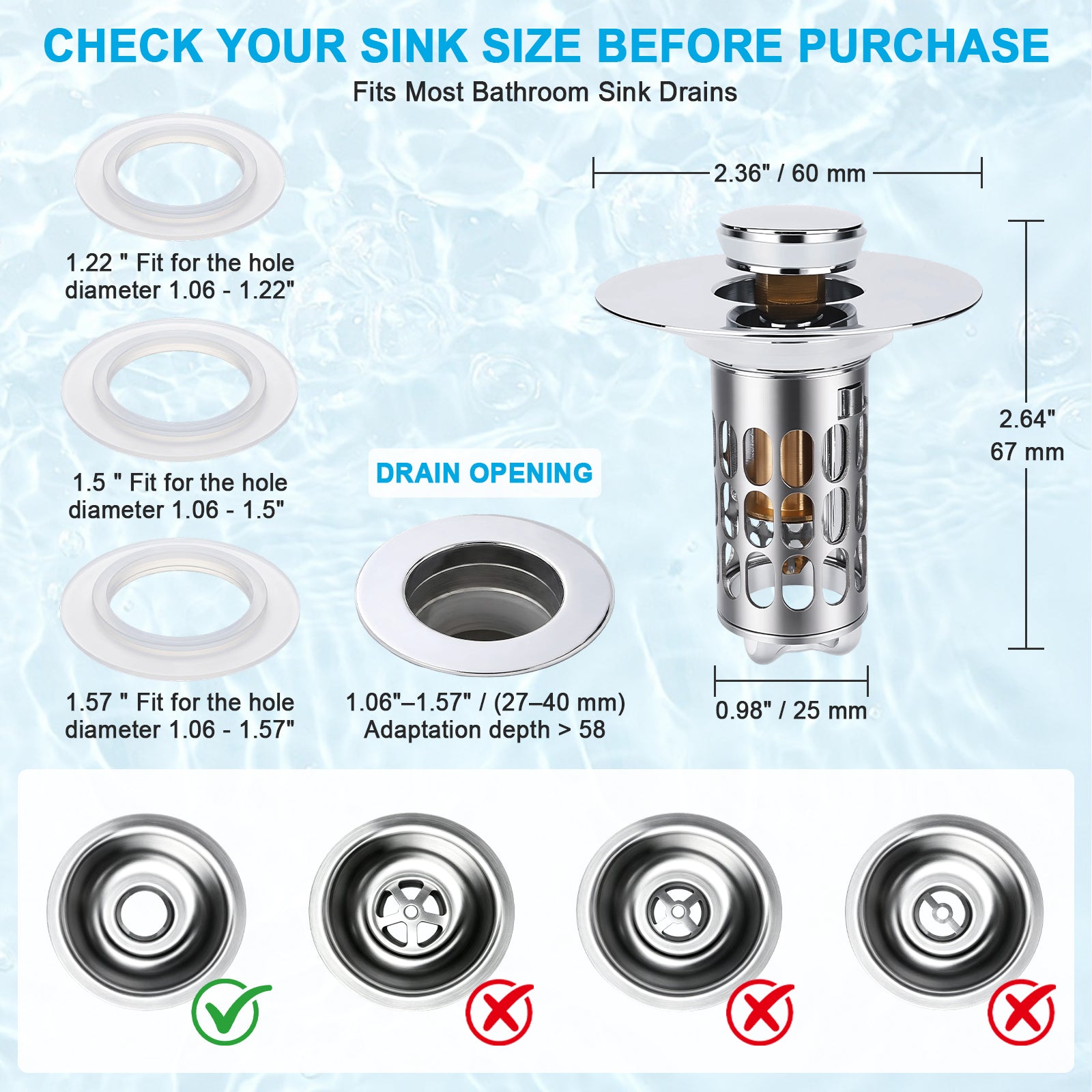 A product information graphic for a stainless steel bathroom sink drain with overlaid dimensions, fit guides for different drain hole sizes, and five sink-drain cross-sections shown at the bottom to indicate fit.