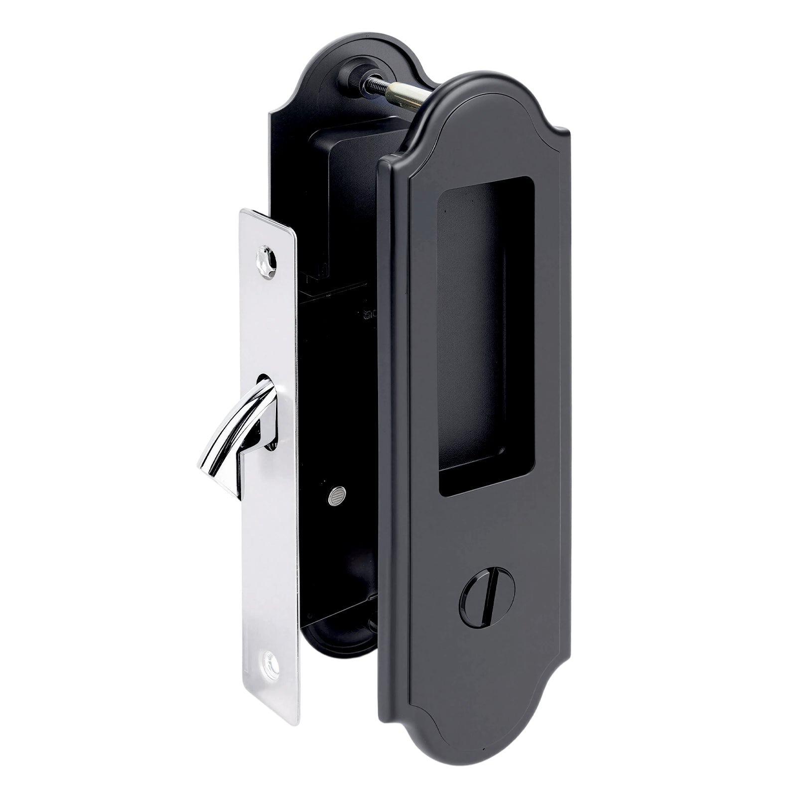 Black door handle and lock mechanism on a white background