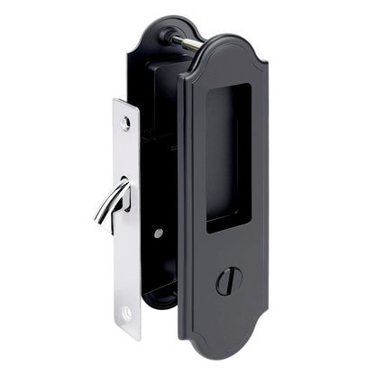 Black door handle and lock mechanism on a white background