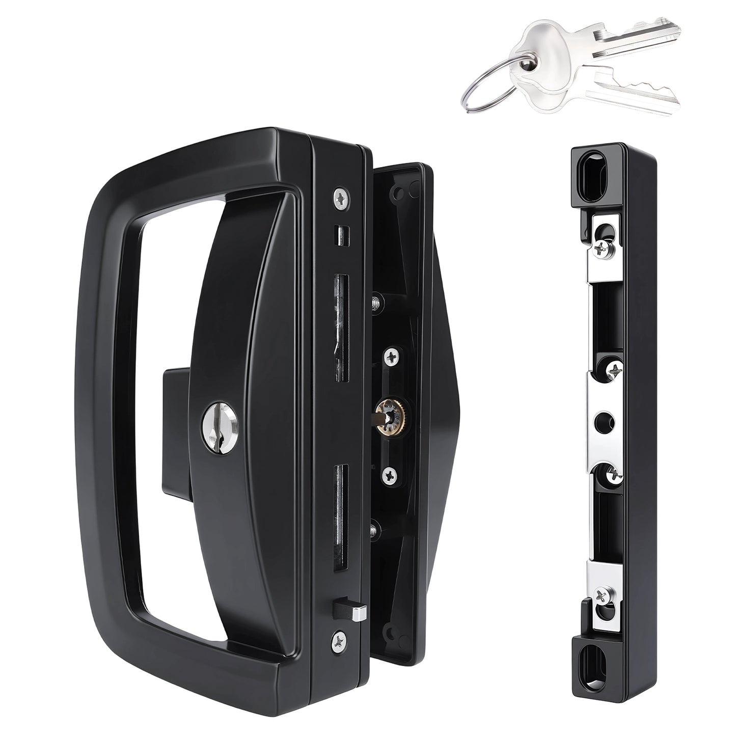 Black metal latch set with a handle, latch assembly, and two keys on a plain white background.