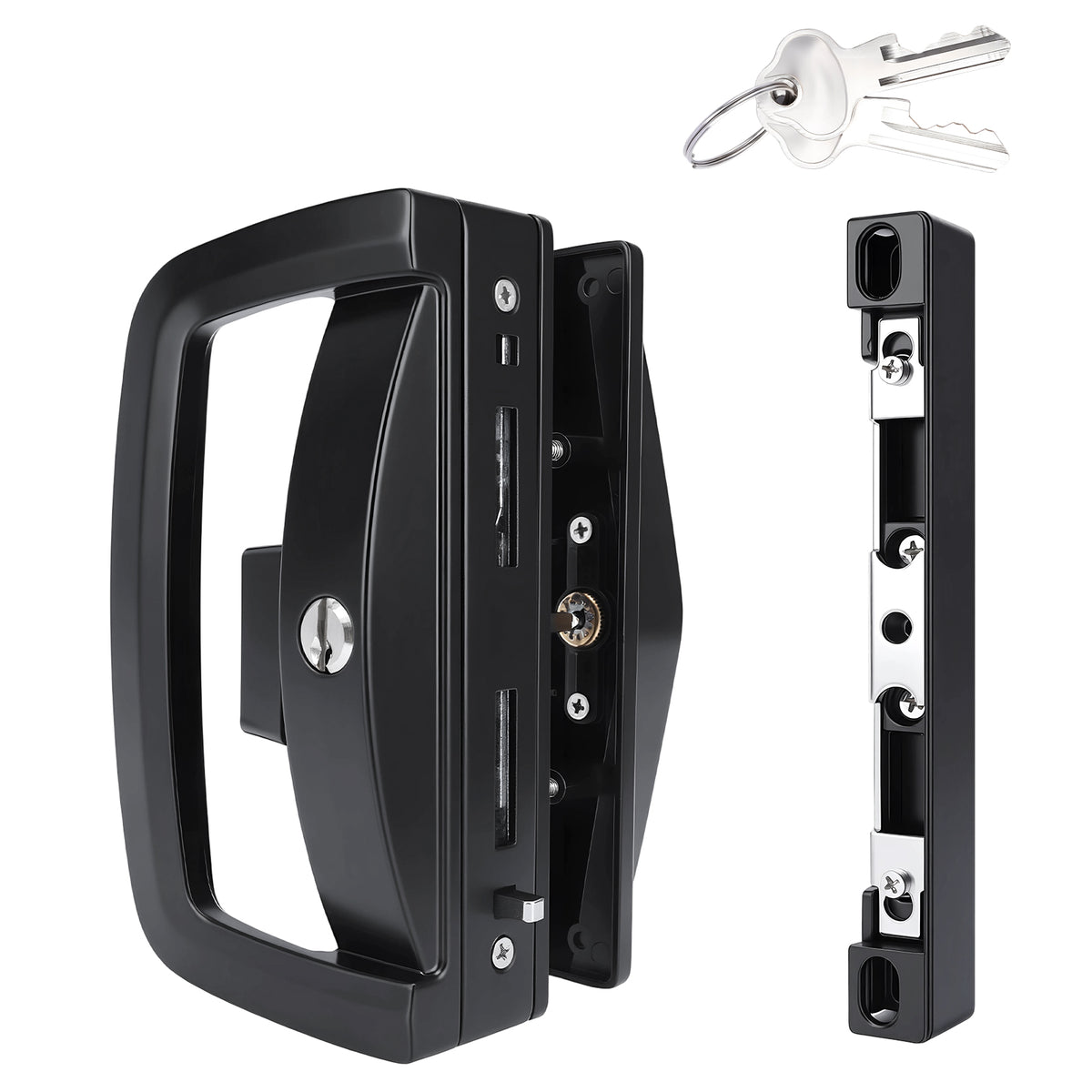 Black metal latch set with a handle, latch assembly, and two keys on a plain white background.