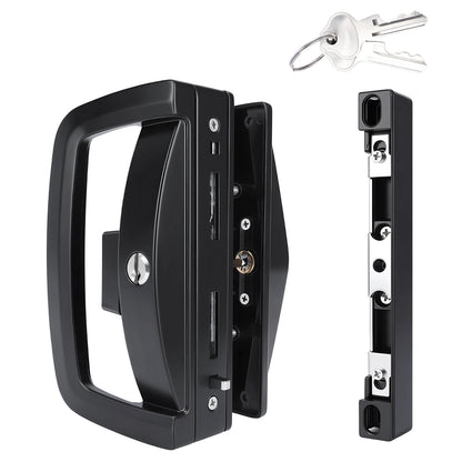 Black metal latch set with a handle, latch assembly, and two keys on a plain white background.