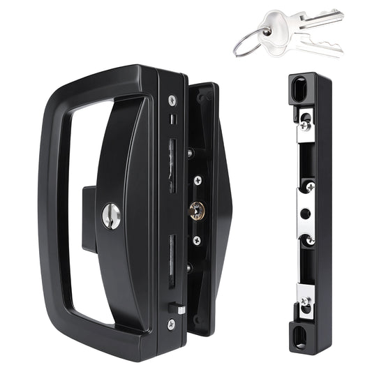 Black metal latch set with a handle, latch assembly, and two keys on a plain white background.