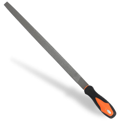 Metal file with orange handle on a white background