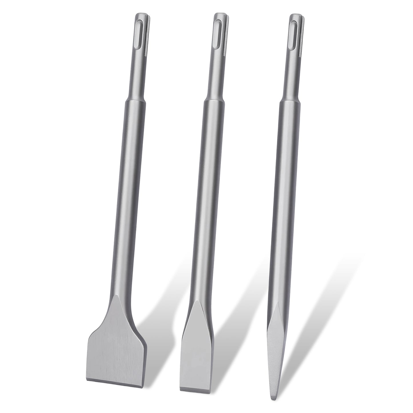 Three silver metal chisel and hammer driver tools with long handles, shown standing upright on a white background.