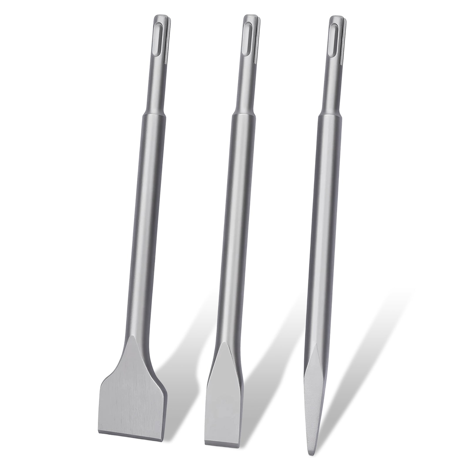 Three silver metal chisel and hammer driver tools with long handles, shown standing upright on a white background.