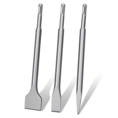 Three silver metal chisel and hammer driver tools with long handles, shown standing upright on a white background.