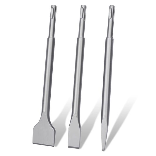 Three silver metal chisel and hammer driver tools with long handles, shown standing upright on a white background.