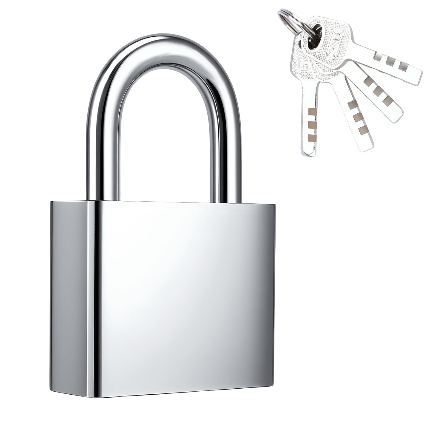 Silver padlock with a key on a white background