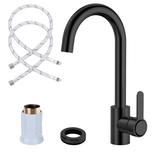 Black kitchen faucet set with hoses and connectors on a white background