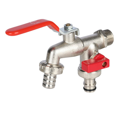 Metal valve with red handles on a white background