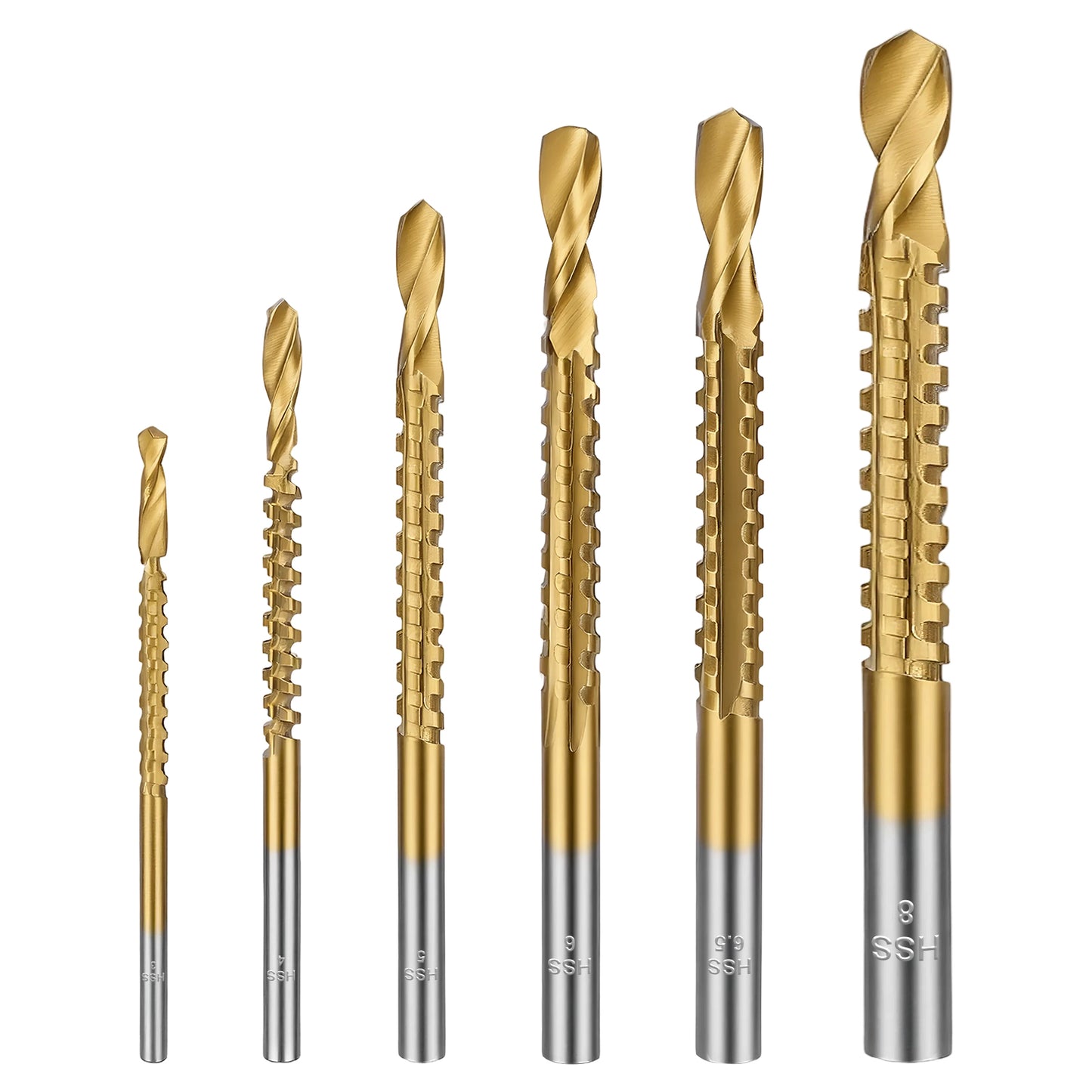 Set of six gold drill bits with silver tips on a white background