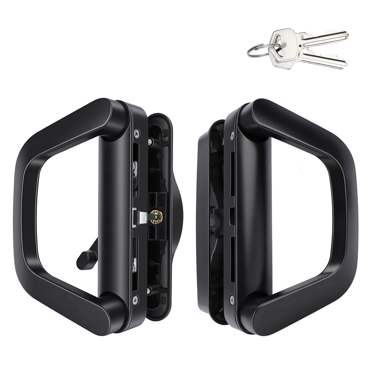 A pair of black metal deadbolt door handles with a lock cylinder visible on the side, shown from front and back views on a white background, with two silver keys in the top right corner.