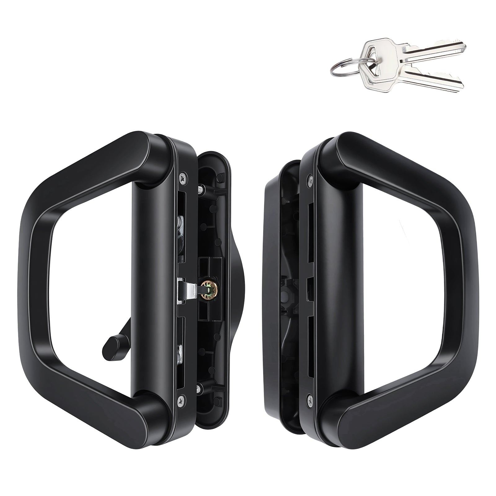 A pair of black metal deadbolt door handles with a lock cylinder visible on the side, shown from front and back views on a white background, with two silver keys in the top right corner.