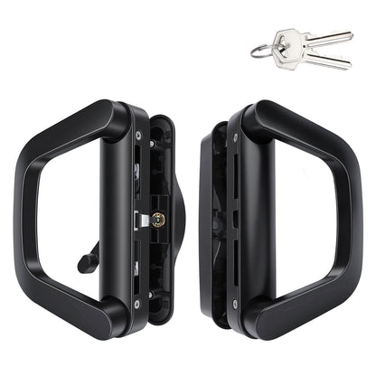 A pair of black metal deadbolt door handles with a lock cylinder visible on the side, shown from front and back views on a white background, with two silver keys in the top right corner.