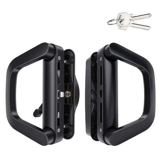 A pair of black metal deadbolt door handles with a lock cylinder visible on the side, shown from front and back views on a white background, with two silver keys in the top right corner.